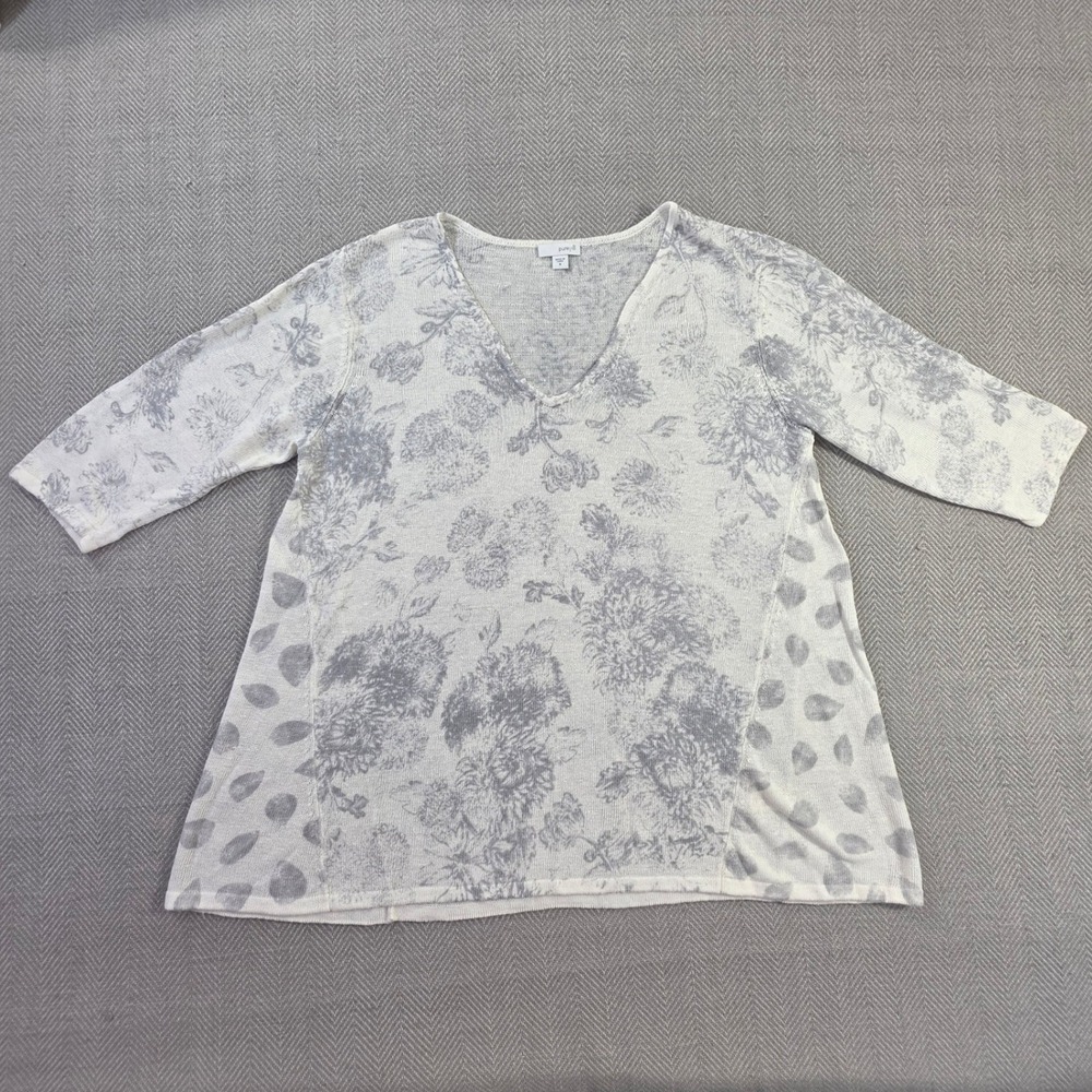 Pure Jill Floral Linen Blend V-Neck Sweater Grey White Women Medium EUC